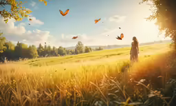 the woman is standing on the grassy hill with her hands together and butterflies flying above