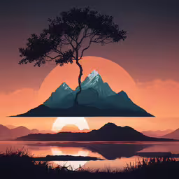 the mountain with the trees on it has an orange sky,a view of mountains as the sun sets
