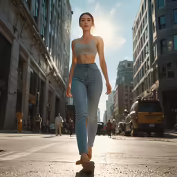 woman in denim pants walking down a street