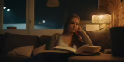 a young woman sitting on a couch talking on a phone