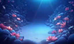 there is blue light on the water and the flowers are blooming