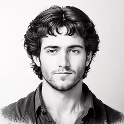 the man is looking at the camera in a black and white photo