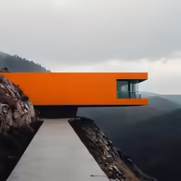 a walkway leads up to a long, orange, house