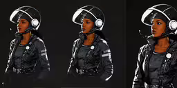 three images show a woman in a hat and jacket with headphones,the girl with the helmet has three images of her