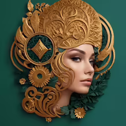 a woman with a golden mask on is against a green background