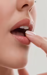 a woman is putting on an inhaler for her lip