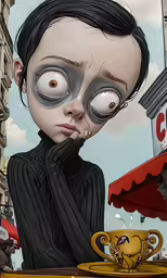 a surreal, creepy looking cartoon is above the counter in front of a restaurant