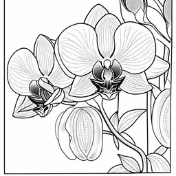 a flower that is growing in a vase,the flowers in the vase are a flower with a single stem,some flowers on the stem are drawn in black and white,a black and white photo of some flowers,orchids and leaves are seen here in this illustration