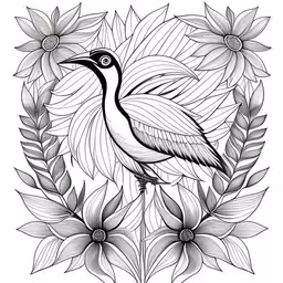 a bird surrounded by flowers and leaves,a black and white image of a bird with leaves on the background