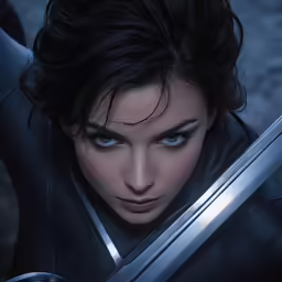 a beautiful young lady with black makeup holding a sword