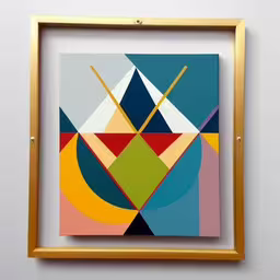 a frame hanging on the wall with artwork on it,a square painting in yellow frame hanging on the wall,a frame holds an abstract painting of a colorful modern design,abstract painting of geometric shapes and lines,a painting is hanging on the wall