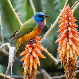 a colorful bird sits on top of an orange flower