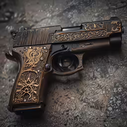a fancy gun with an intricate design and some bullet shells