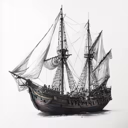 an old ship is shown with white sails