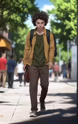 young man walking down the street with brown hair