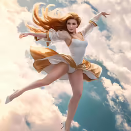 a woman flying through the sky wearing a white dress