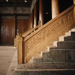 an ornate design on a stair case in an abandoned building