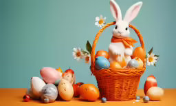 an easter basket filled with colorful eggs and small figurines
