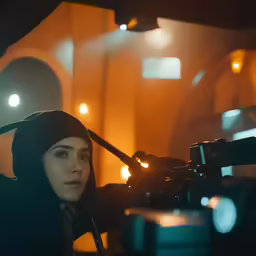 a woman in hoodie with camera looking into the distance