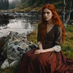 a young woman sitting in front of a river