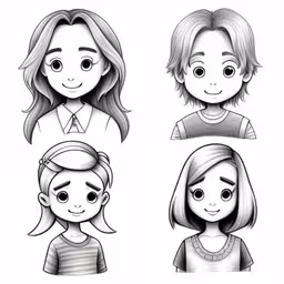 a cartoon drawing of people for coloring,some faces with different expressions and hairs