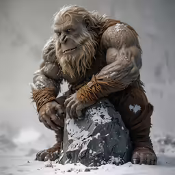 a man is holding a stone in the snow