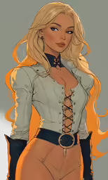 a lady with a very short skirt and large breasts