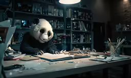 the panda stuffed animal is sitting at a desk next to books