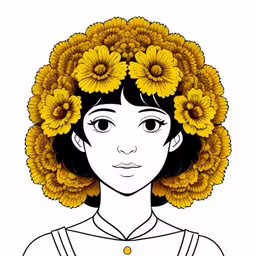 a woman with flowers in her hair,an illustration of the head of a woman with yellow flowers on her head,the woman in front of a white background has flowers in her hair,an illustrated of a woman with yellow sunflowers on her head,a woman with a lot of sunflowers on her head