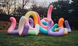 large colorful inflatable shapes on grass