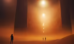 two people stand near columns as the light shines in the fog