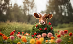 a cow standing in the middle of a flower filled field
