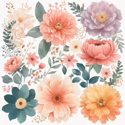 large set of beautiful flower drawings for your design,flowers with leaves and foliages are drawn in pastel colors