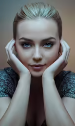 a woman posing for the camera, her hands on her face