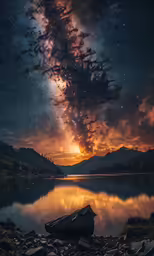 stars and clouds fill the night sky above a lake