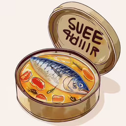 a tin filled with fish in sauce,a can of canned fish is sitting on the table