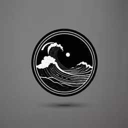a black and white ocean wave with the moon in the middle,a circle with the sea waves in it and an oval shape, with a sun in the