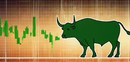 a bull that is on a forex board,an illustrated bull with very long horns stands near a chart