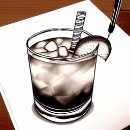 a drawing of a cocktail with an ice cube, lemon and a glass,a drawing of a drink with ice and a slice of lemon