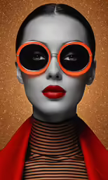 a woman in glasses and sweater with red lipstick