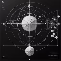black and white photograph of spheres, circles, and other objects