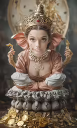 the statue of a lady with a crown and necklace in a museum display