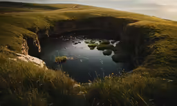 a view of an unusual pond sitting next to a cliff