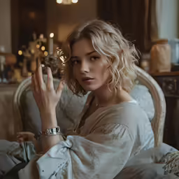 a blonde woman sitting on top of a couch