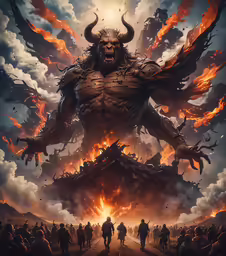 the demon is standing in front of a burning castle