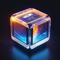 an illuminated cube has a logo on it