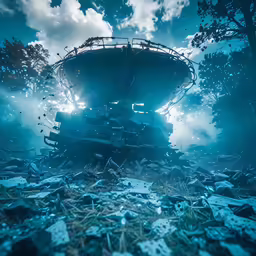 a boat floating through the water near trees