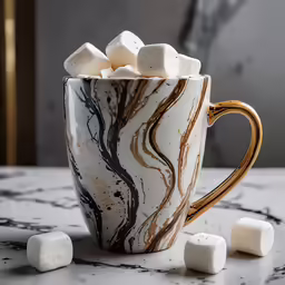 a marbled mug filled with marshmallows and chocolate