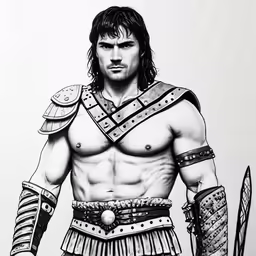 a man in a glad glad costume holding a knife and wearing a sword