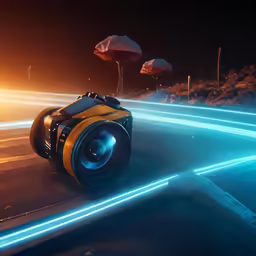 a camera sitting on a road that has bright lights